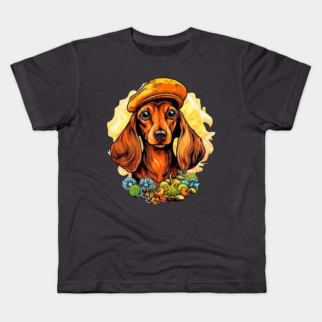 Psilocybin Dachshund Kids T-Shirt by RosaliArt